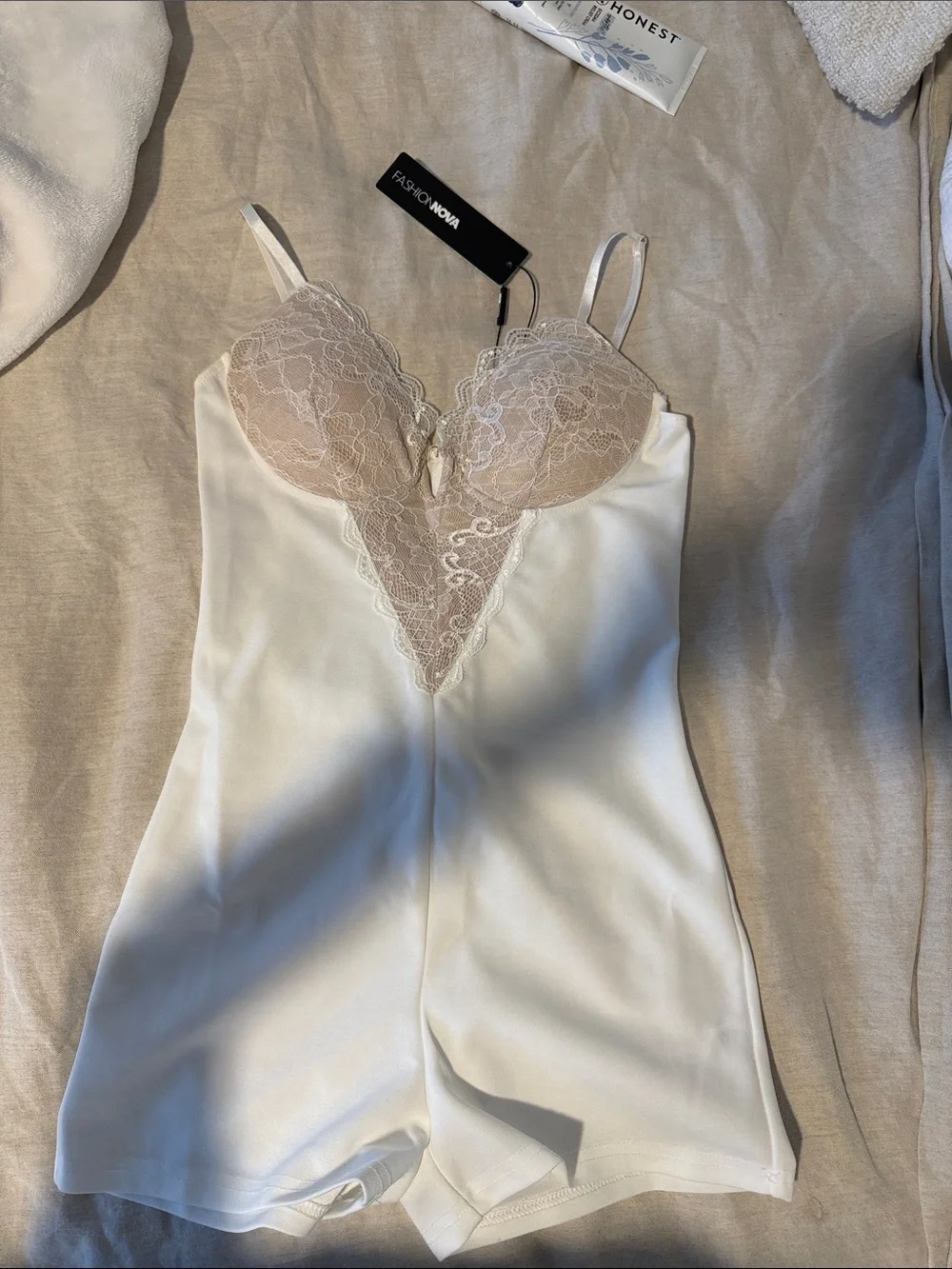 Fashion Nova Ivory Romper with Nude Lace Cups